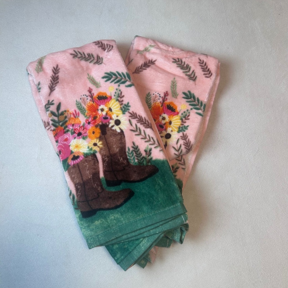 Floral Cowboy Boots Kitchen Towels Pink Set of 2 Cottagecore Western MIA Charro